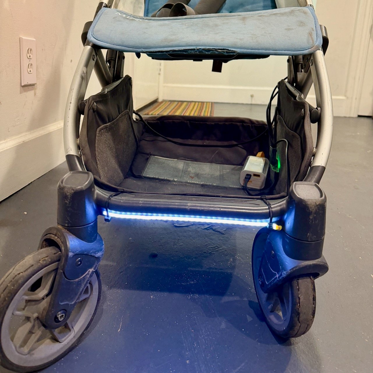 All LED strips lit up on stroller